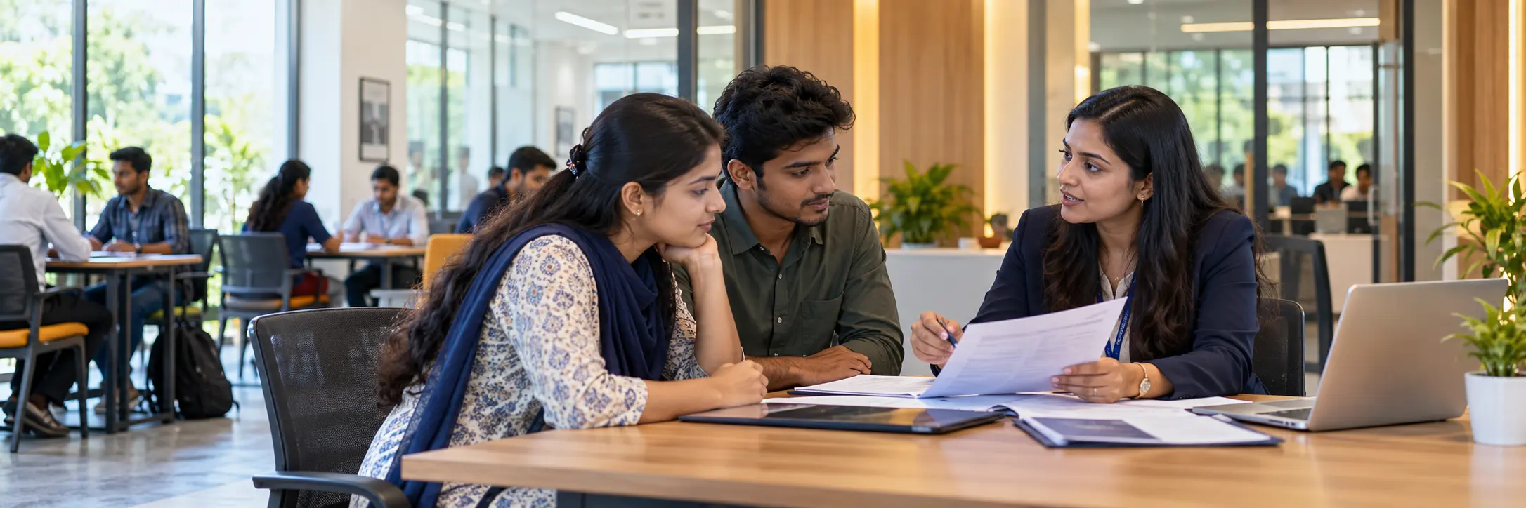 Career advisor guiding Indian job seekers at a training centre